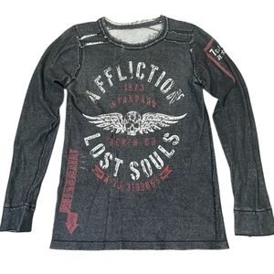 Affliction vintage distressed reversible thermal Gray Long Sleeve Red Accents